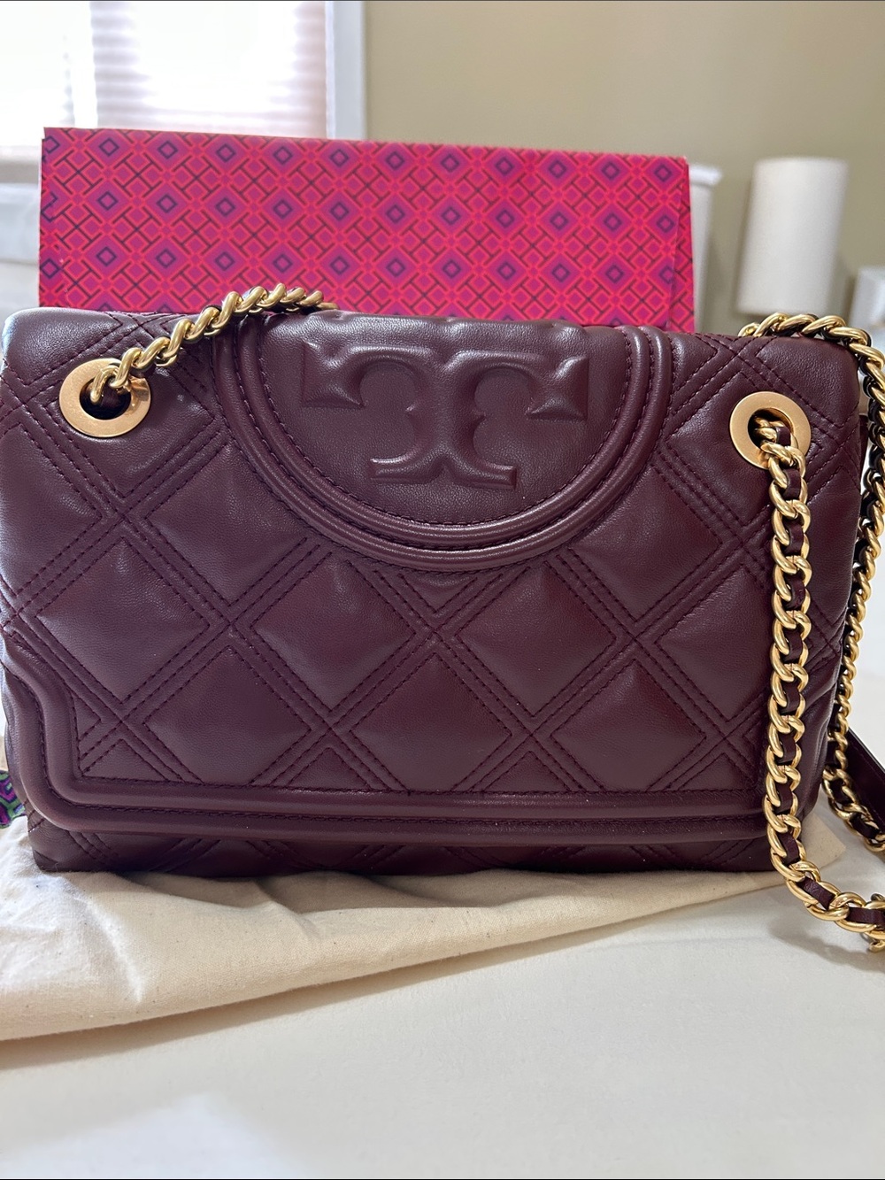 Tory Burch Fleming Quilted Convertible Shoulder Bag in Burgundy with Gold Chain